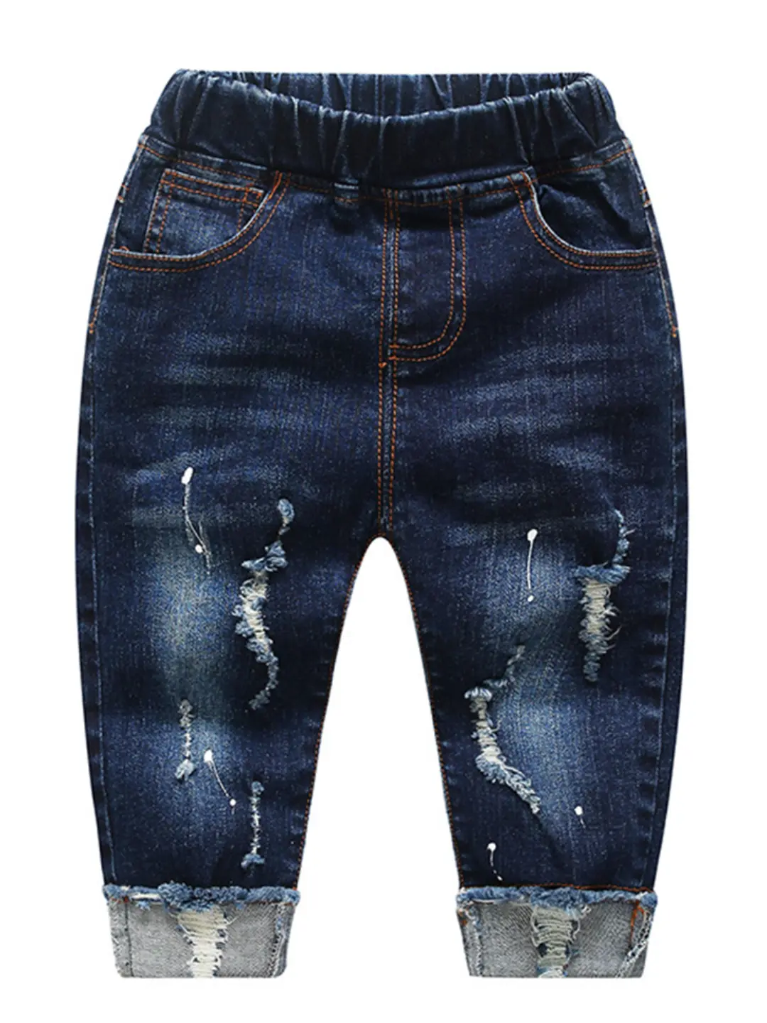 KIDSCOOL SPACE 3-4yrs Unisex Toddler Soft Washed Denim Pull-On Jeans - Boys' High Elastic Waist, Cuffed Cuff Style Ripped, Plain, All Seasons, School Days/Photos Use, Casual Bottoms