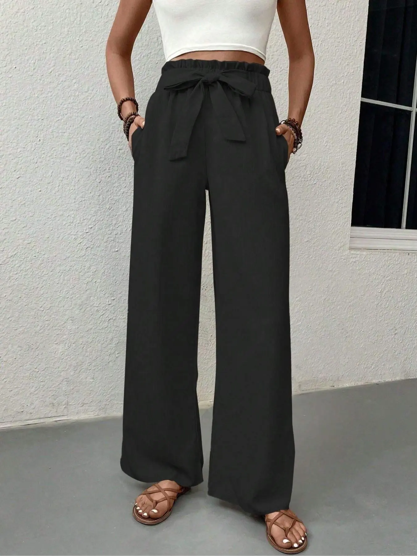 Women's Plain Pocket Adjustable Tie Front Straight Leg Pants, Chic Elegant High Waist Paper Bag Waist Trousers Casual Business Pants for Work Office Business, Ladies Bottoms Womenswear for All Seasons Fit