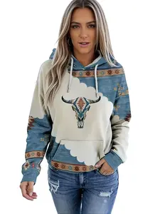[Bohemian Hoodie] Womens Pullover Hoodie Retro Ethnic Print Western Bohemian Pullover Hoodie, Relaxed Fit, LongSleeve, Round Neck, Versatile Outerwear Top, Comfortable Casual Attire