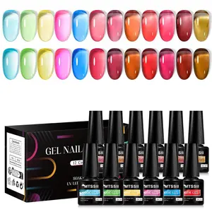 MTSSII Jelly Amber Gel Nail Polish Set, 12pcs Gel Manicure Colorful Crystal Translucent Nail Art Gel Semi Permanent UV Gel Polish Varnish Kit
