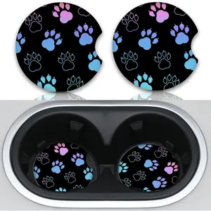 2 Pack Absorbent Universal Neoprene Car Coasters for Cup Holders with Finger Slot, 2.56" Gradient Black Dog Paw Print Auto Accessories for Women & Men