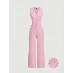 Pink Vest Top, Straight Leg Pants, Ladies Elegant Suit Set, Trim Women's Suit Set, Blazer Jacket And Pants, Early Autumn Outfit Back To School Preppy Fabric Womenswear Bottom     Casual Minimalist Button Sleeve Spring Basic