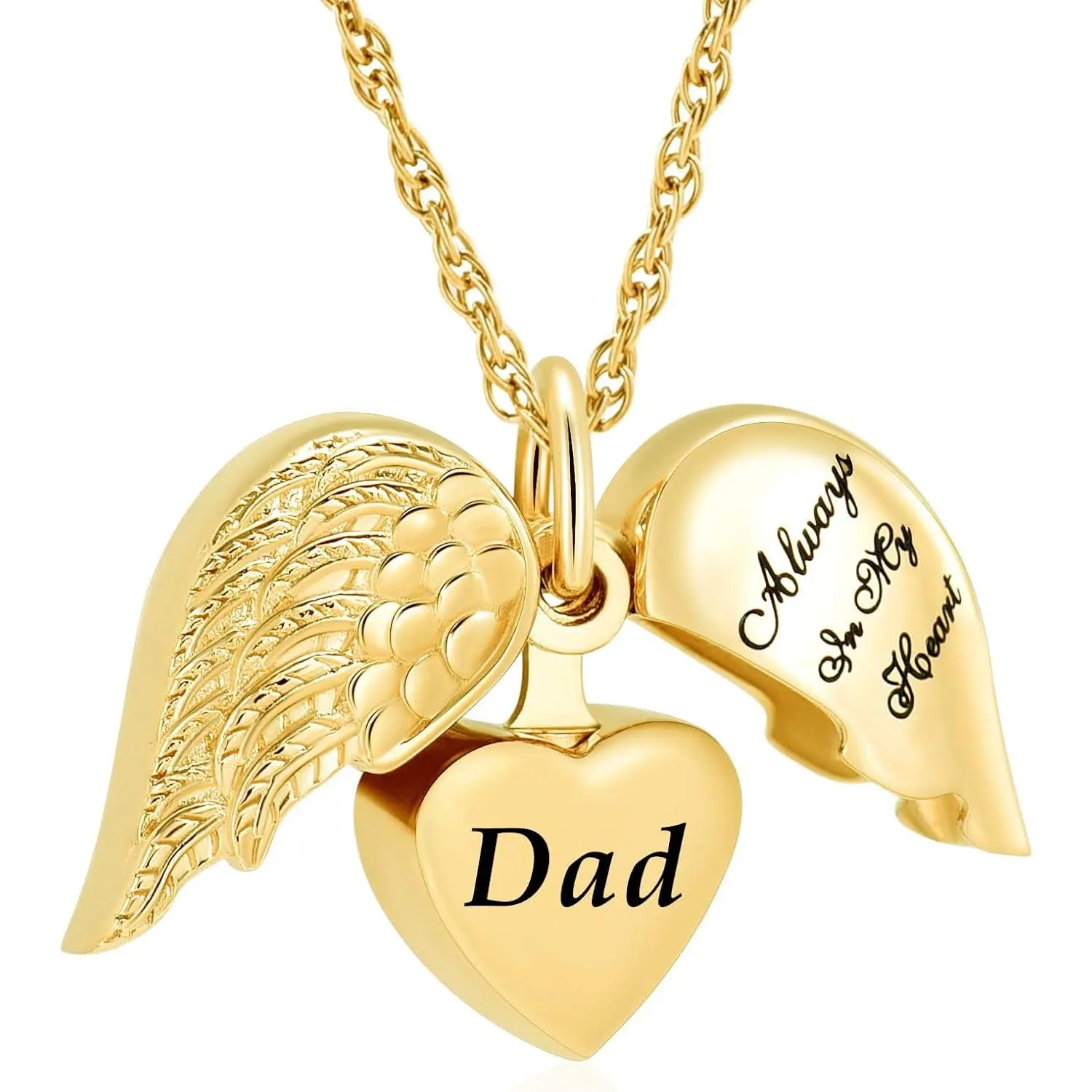 Angel Wing Heart Chain Necklaces - Stainless Steel Memorial Urn Pendant with "Always in my Heart" Engraving, Keepsake Jewelry for Women and Men