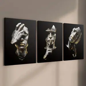 3-count wooden frame canvas, no need to listen, look or speak, black and gold abstract figure Abstract Face Design three-panel decorative poster, perfect living room and bedroom decoration, fashionable family poster, modern wall art, Modern Home Decor