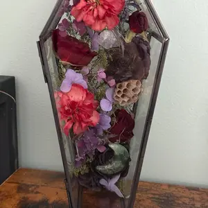 Decorative Glass Coffin with dried flowers and crystals