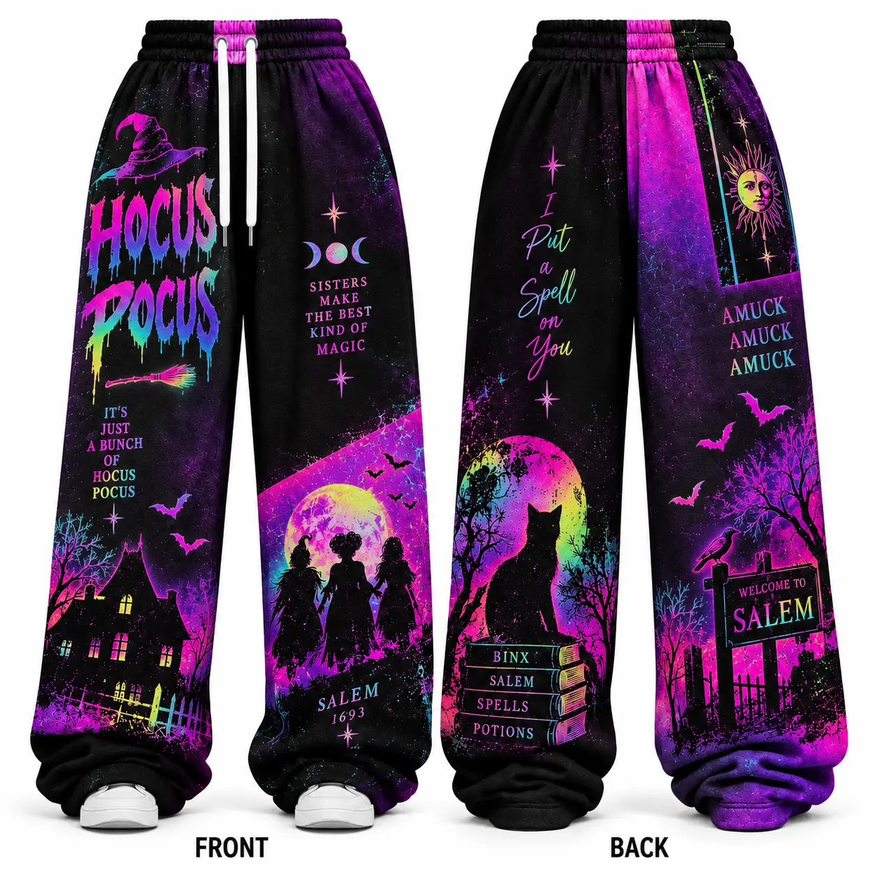 Vintage Witch Halloween Sweatpants, Spooky Salem Graphic Joggers, Black Cat Witchy Pants, Gothic Halloween Pants, Magic Spell Fall Streetwear