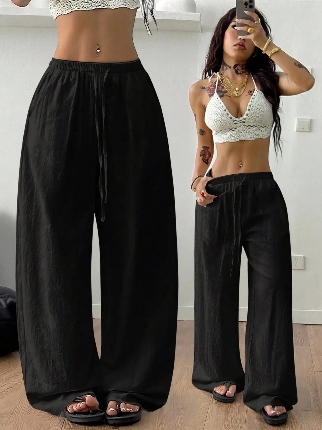 Women's Linen Blend Wide Leg Pants, Y2K High Waist Drawstring Adjustable Loose Fit Oversize, Bohemian Boho Street Style, Summer & Beach Vacation Wear, Streetwear