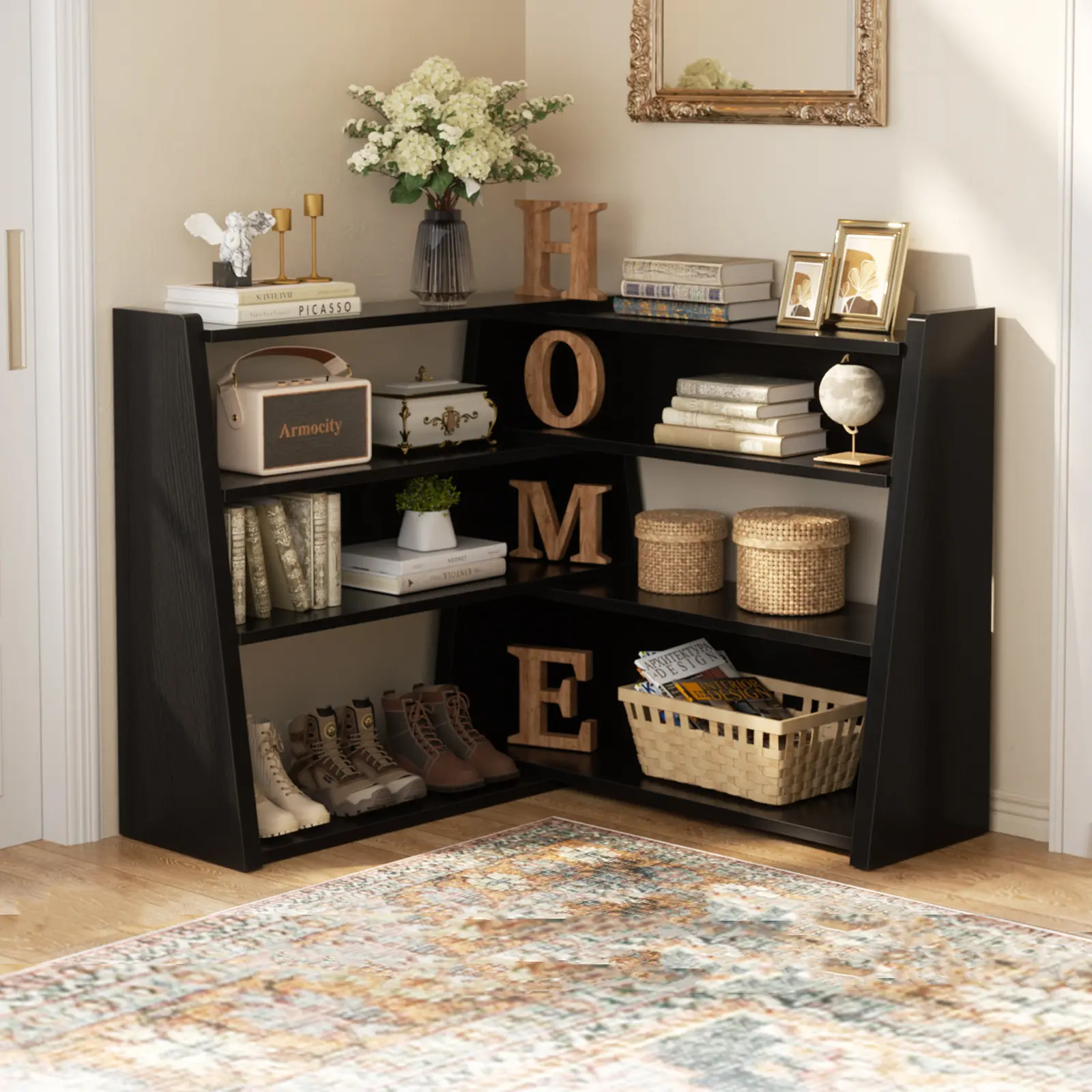 Reversible Bookshelf, Adjustable Corner Bookshelf for Small Spaces,TV Stand,Small Ladder Book Shelf, Extendable Wood Narrow Bookcase for Living Room