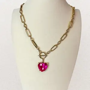 Pretty in Pink Necklace 18k Gold Plated Adjustable to 18 Inches Sparkling Heart Pendant Jewelry