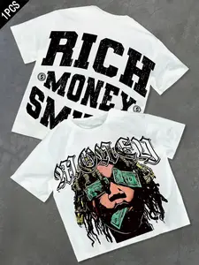 Rich Money Unisex Graphic Print Tee with Money Theme, Loose Fit Street Style Streetwear Short Sleeve Shirt for All Seasons, Hip Hop Urban Fashion, Fitted Garments