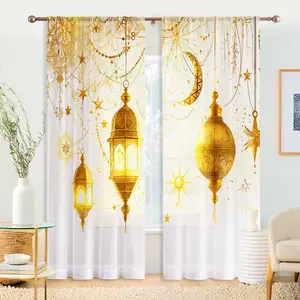 2pcs Ramadan Gold Arabic Style Curtains, Home Decoration Curtain, Dreamy Starry Sky Lampshade Pattern, Home Decor Essential, Party Style Drapes