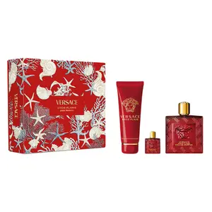 Versace Eros Flame Pour Homme Gift Set Eau de Parfum 3.4 oz Shower Gel 5 oz Mini EDP 0.17 oz Woody Spicy Fragrance for Men