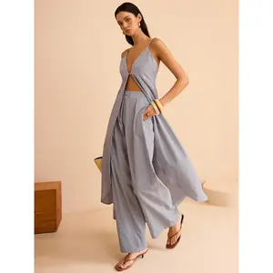 Striped Long Cami Top and Wide-Leg Pants Set