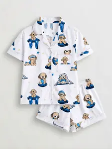 Women's Cartoon Puppy Print Pajama Set, Short Sleeve Button Front Top and Elastic Shorts, Casual Home Wear, Comfortable Sleepwear, Pyjamas