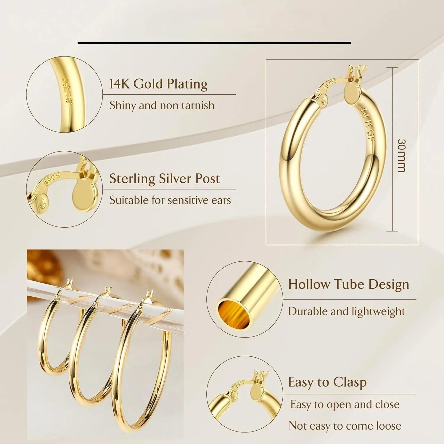 14K Chunky Gold Hoop Earrings for Women 925 Sterling Silver Post Hollow Tube Hoops Earrings 2mm Thick Hoop Earrings Hypoallergenic Lightweight Gold Big Large Hoop Earrings 10-90MM, Gold Jewelry