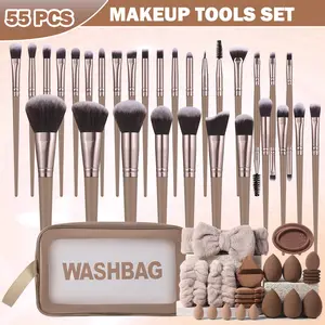 55pcs Face Makeup Tool Set, 30pcs Makeup Brushes & Toiletry Bag & Hair Tie & 2pcs Wrist Strap & 5pcs Large Makeup Sponge Powder Puff & 5pcs Fan Powder Puff & 5pcs Mini Makeup Sponge & 5pcs Thumb Powder Puff & Bowl Brush