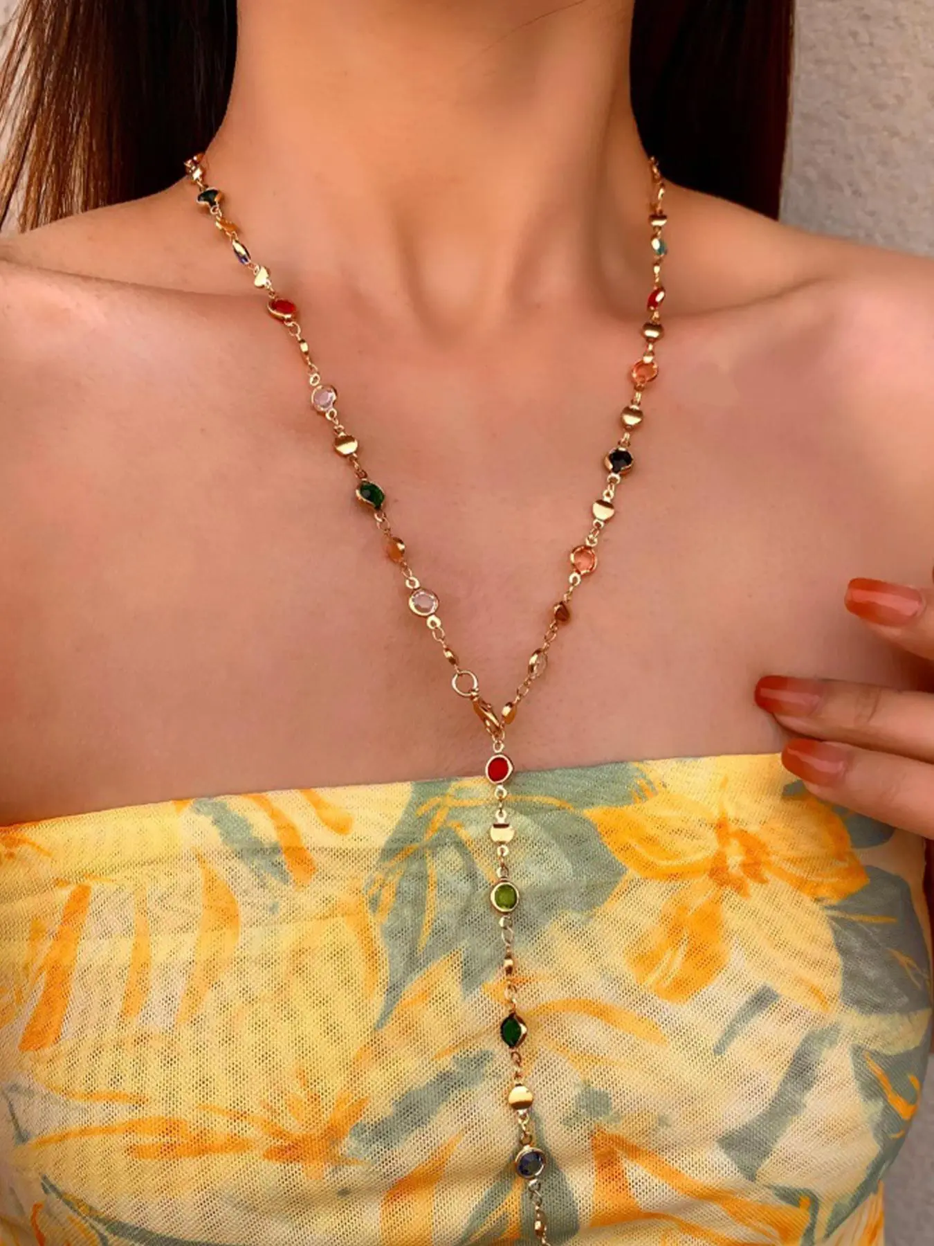 Women's Rhinestone Beaded Decor Long Tassel Design Y-shaped Pendant Necklace, Boho Style Jewelry Accessories, Beach Boho Necklace, Non Tarnish Necklace, Adjustable Necklace, Sparkling Rhinestones Chains, Exquisite Jewelry Gift, Elegant Rhinestone Necklace