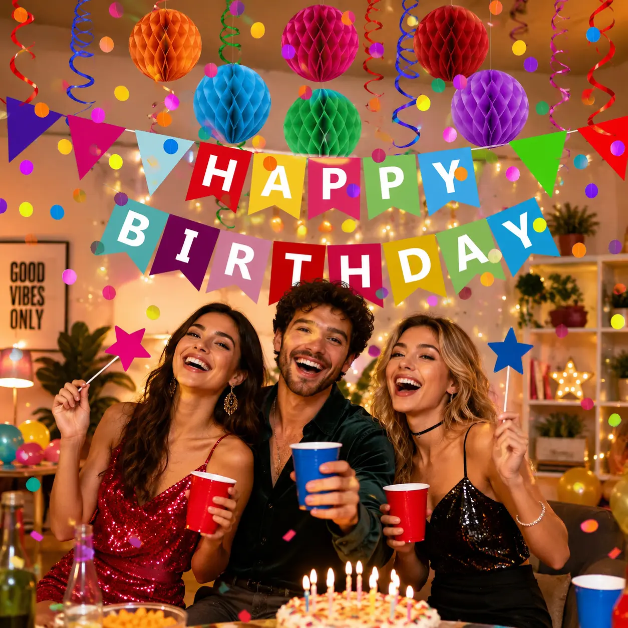 Vibrant Metallic Circle Happy Birthday Banner Set - Lightweight, Multiple Items, Hanging Bunting Banners, Paper Flags, Confetti Garland, Swirly Streamers, Honeycomb Balls, Reusable Decor for Kids DIY Party Backdrop