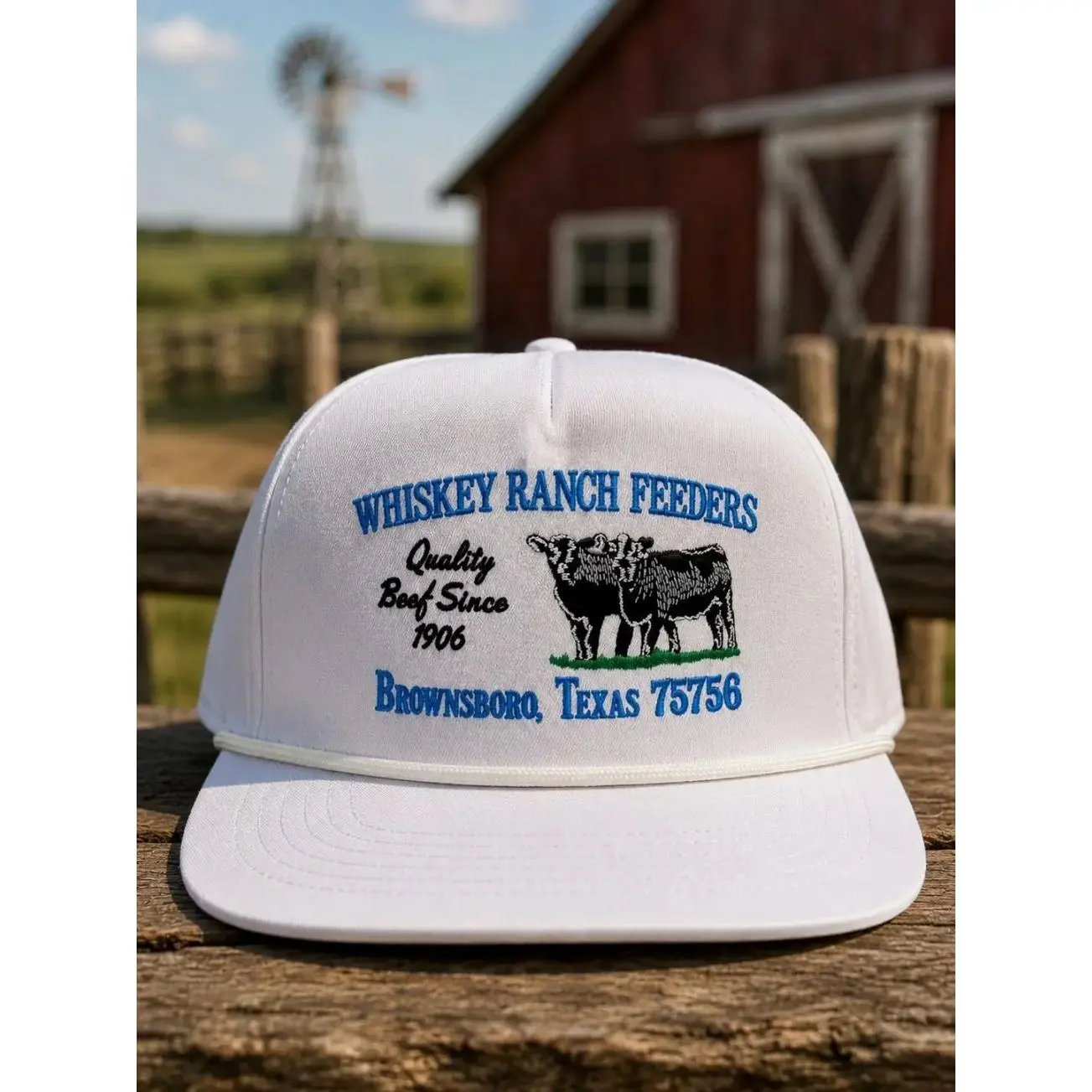 Whiskey Ranch Feeders Vintage Ranch Rope Hat, Embroidered Western Cattle Logo Snapback Cap, Structured High Crown Flat Bill Country Cowboy Hat