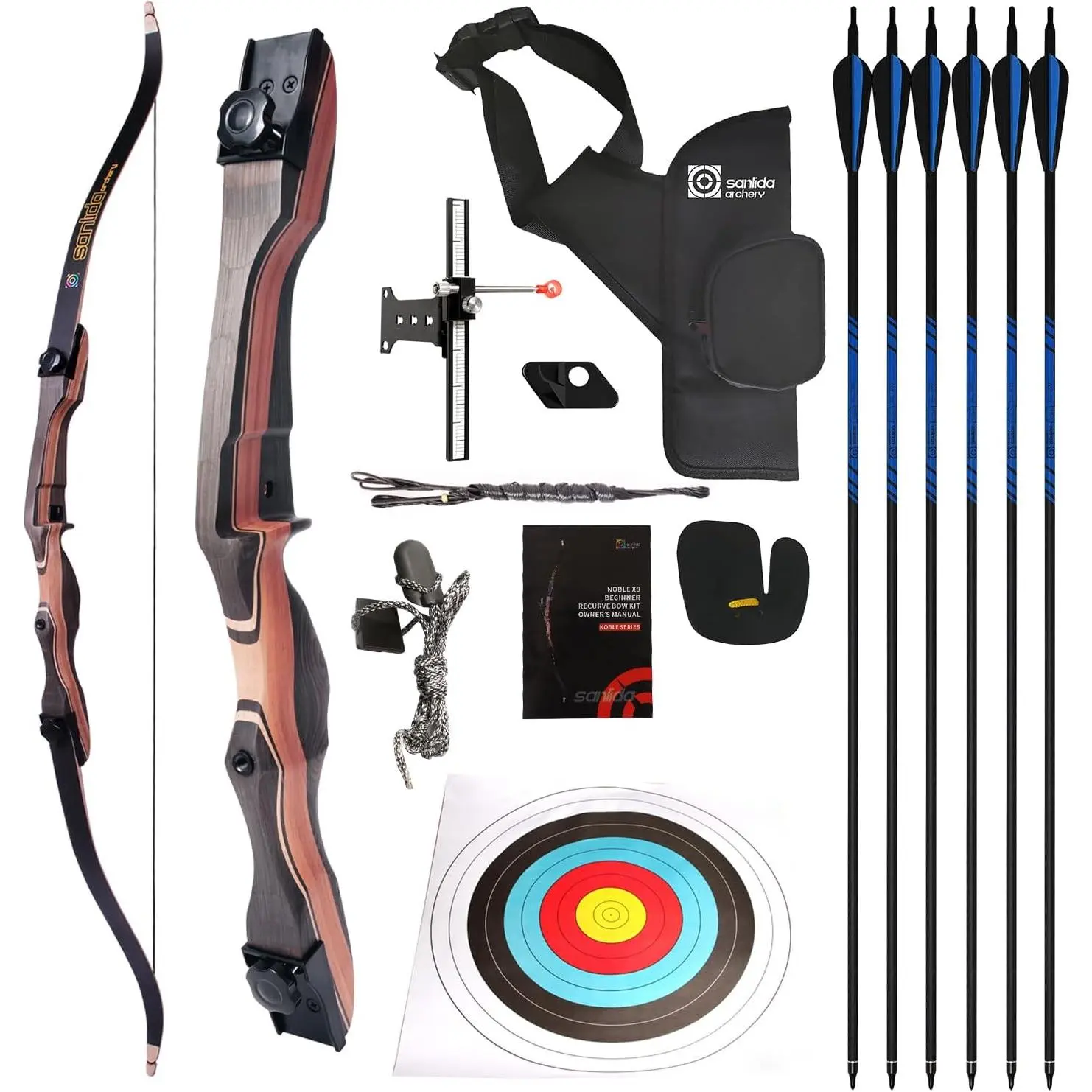 Recurve Bow and Arrow Set, Wooden Takedown Kit for Adults & Youth Beginners, Right-Handed (RH) Archery for Training with Fiberglass Limbs, Sights, Quiver, and Finger Tabs, 48-70in, Wood, Arrows, Bow String, Stringer, Comfortable Ergonomic Grip