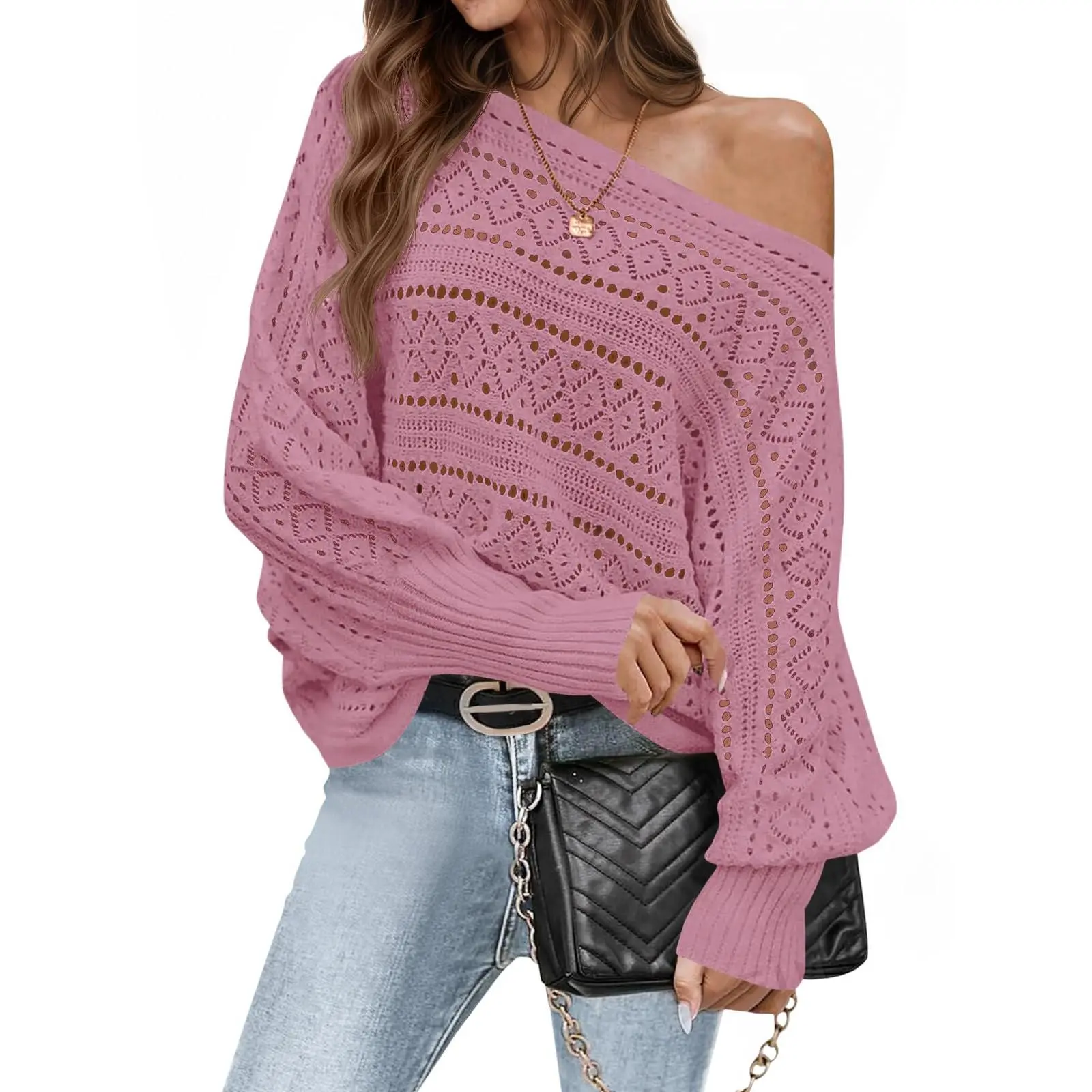 Lannew Womens Off The Shoulder Sweaters Fall 2025 Oversized Knit Batwing Long Sleeve Crochet Pullover Sweater Tops