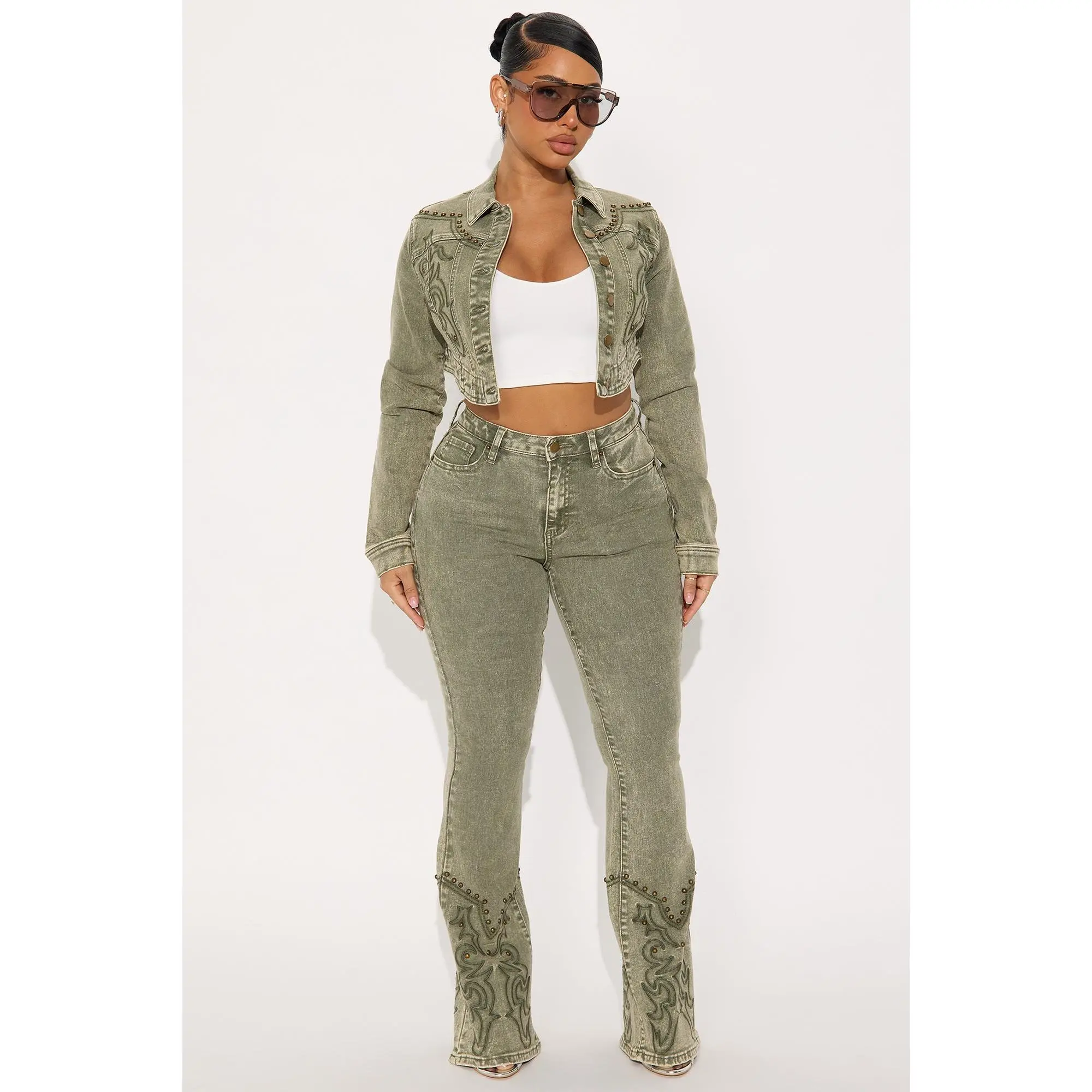 Letting It Ride Embellished Stretch Denim Jacket - Olive