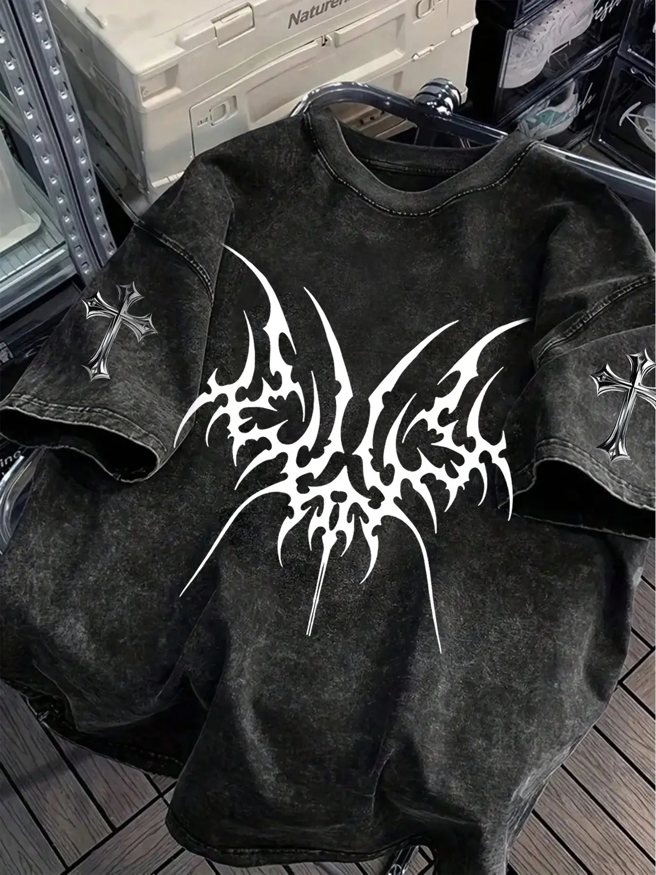 Men's Opium Style Acid Wash Oversized T-Shirt - Cyber Tribal Metal Graphic Heavyweight Cotton Tee, Gothic Cross Print Streetwear Top for Dark Aesthetic & Night Club Outfits