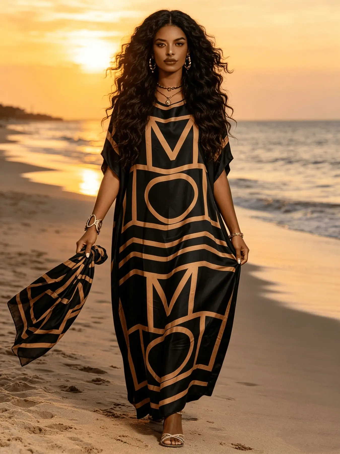 Elegant Boho Kaftan Dress Set, Leopard Print Long Robe with Scarf, Loose-Fit Muslim Vacation Wear, Plus Size Slimming Two-Piece