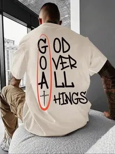 God Over All Thing Shirt, Goat T-Shirt, Jesus Tee, Men's Letter Print Round Neck Tee, Loose Street Fashion Short Sleeve T-shirt for Daily Wear, Casual Comfy Top for All Seasons