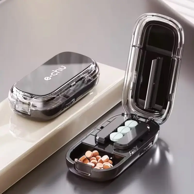e-chu Precision Stainless Steel Blade Pill Cutter Storage Box Portable Drug Tablet Medicine Dustproof Divider Organizer Crusher 1/2 1/4 Pill Cutter