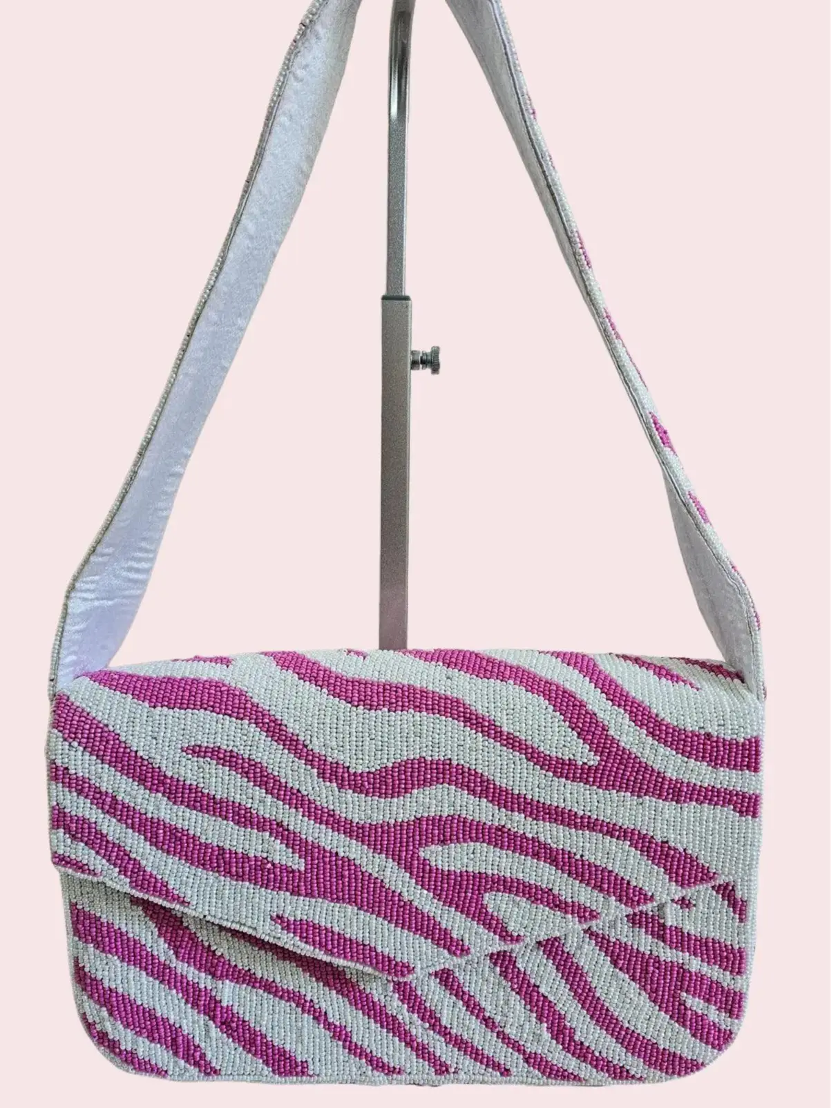 Women's Pink Zebra Print Hand-Beaded Shoulder Bag with Matching Strap - Intricate Craftsmanship & Practical Cotton Lining