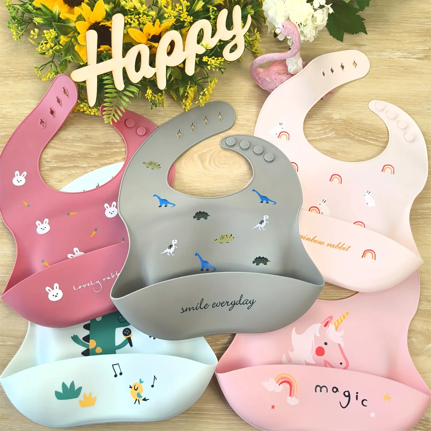 Cartoon Silicone Feeding Bib for Babies and Toddlers Ages 0 - 3 Years, Waterproof and Adjustable with Large Food Catcher Pocket, Rabbit