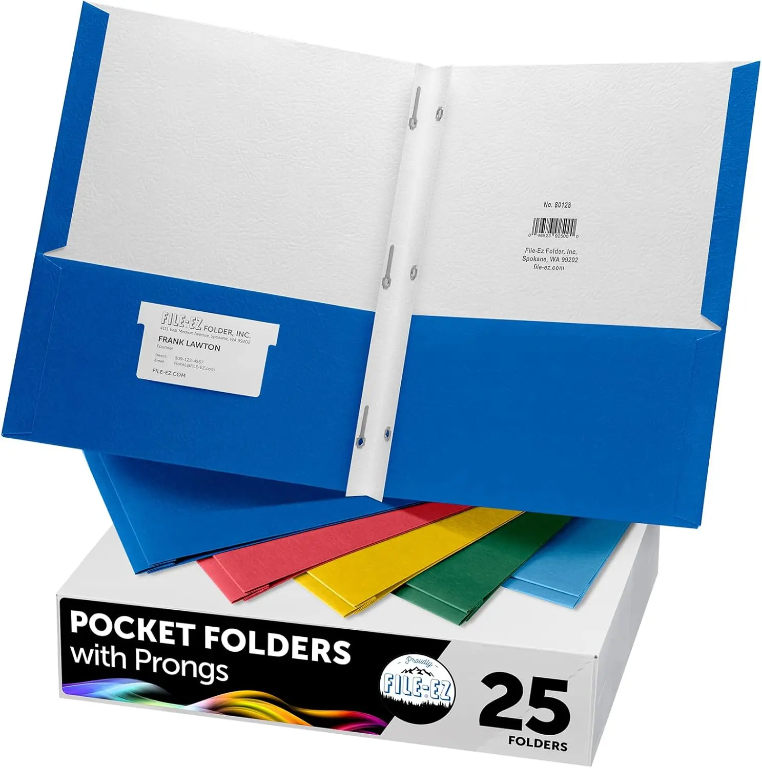 FILE-EZ Two-Pocket Folders with 3-Prong Fasteners, Assorted Colors, 25-Pack, Durable Textured Paper, Matte Finish, Letter Sheet Size (EZ-92500)