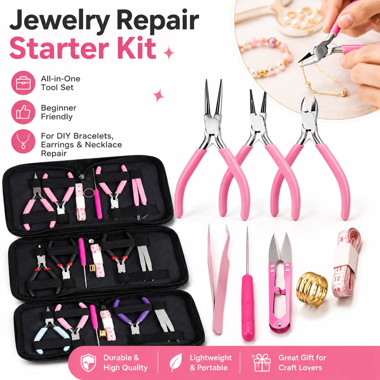 1 Pack Rust Prevention Jewelry Making Crafting Aid Set - Side Cutter Pliers, Jump Ring Opener, Awl, Thread Scissors, Helping Hands, Tweezers, Tape Measure, Spring-Loaded Release, Organizer Cloth for Repair