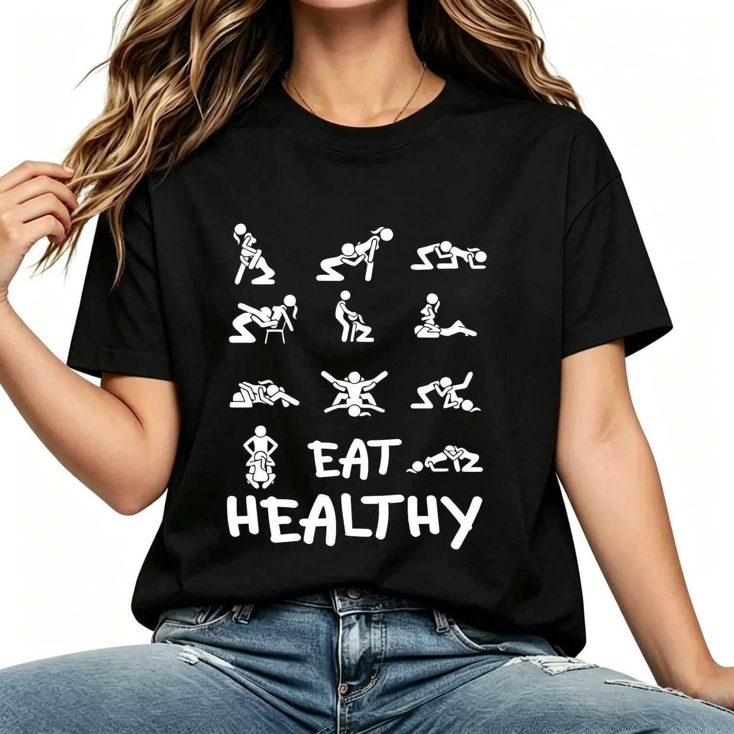 Eat Healthy Funny T Shirt for Couples Sarcastic Humor Tee Hilarious Joke Shirt for Couples Casual Graphic Tee Vintage Style Women