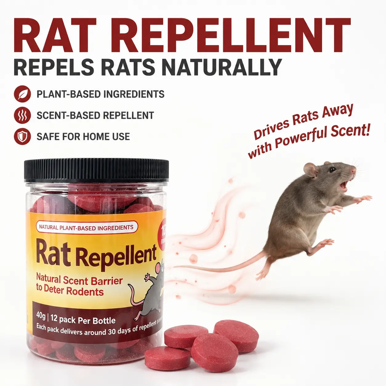 Rat Repellent Tablets-12‑Pack Plant‑Based Pest Control Scent Barrier for Home Indoors/Outdoors Use Deters Rodents Roaches Ants Spiders Squirrels