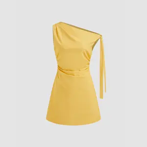 Cider Linen-blend Asymmetrical Neck Ruched Mini Dress