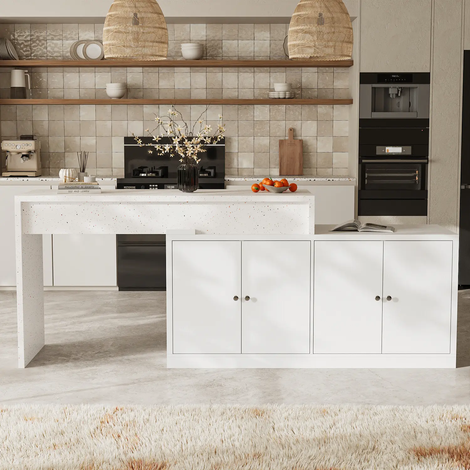 Homsee Extendable Kitchen Island with Storage, Stretchable Stationary Island Table with Painted Stone Countertop & Extended Dining Table, 60.4" W Modern Home Bar for Dining Room, White