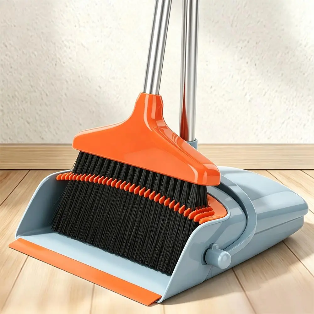 Broom and Dustpan Set Gray Orange Smooth Polished Pole No Rust Durable Stainless Steel Household Combo For Kitchen Office Indoor Floor Clean