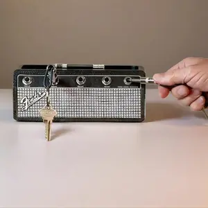 Pluginz - Fender - Jack Rack - Black & Silver with 4 Guitar Plug Keychains Key storage box Storage Hooks