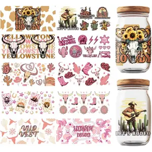 10 Sheets UV DTF Cup Wraps for 16 OZ Glass Cups, Western Cowboy Cowgirl Rub on Decals Howdy Word Cup Waterproof Transfer Decoration for DIY Bottles Drink Jam Cake Container Art Stickers