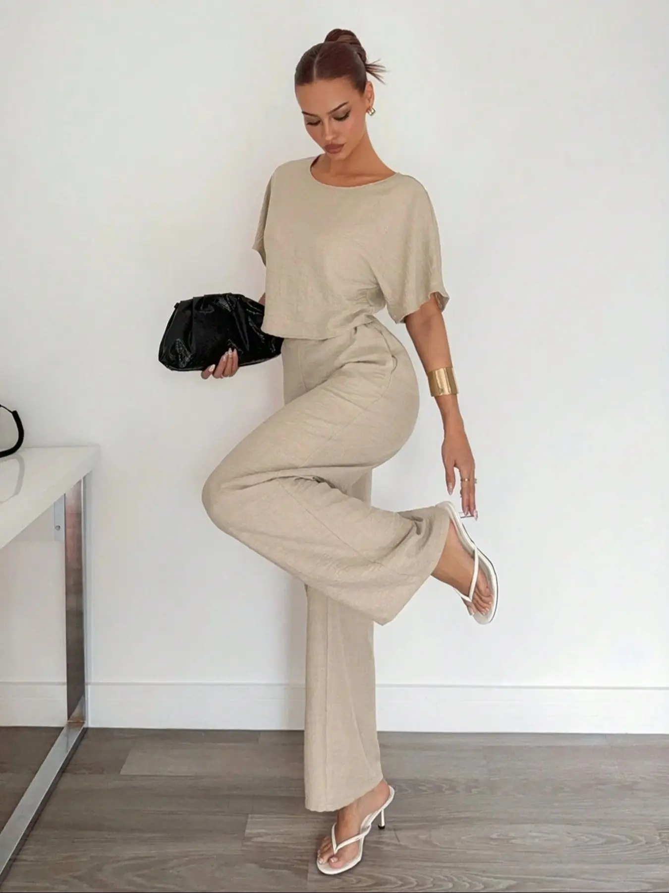 Women's Short Sleeve T-Shirt & Wide-Leg Pants Set, Suit, Woven Fabric Casual Aesthetic Loose-Fit Baggy Outfit for Spring & Fall, Comfortable Everyday Wear Apparel