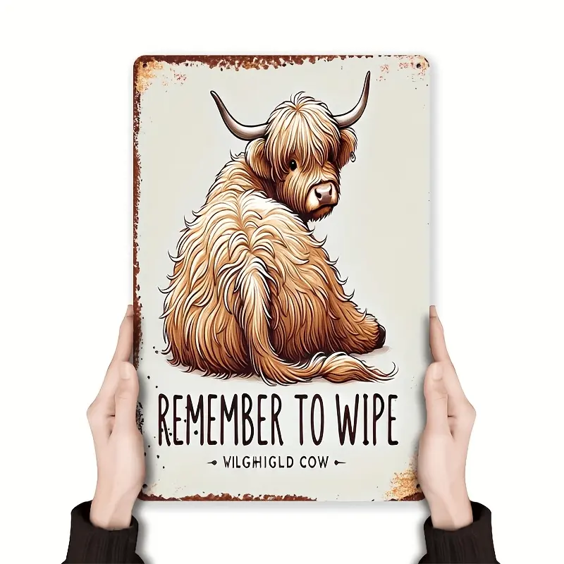 [2D Flat] 1pc Vintage Highland Cow Metal Wall Art Sign - "Remember to Wipe" Humorous Bathroom Decor, Rustic Iron Plaque for Home, Cafe, Restaurant, or Shop - Ideal Gift for Mother'S Day