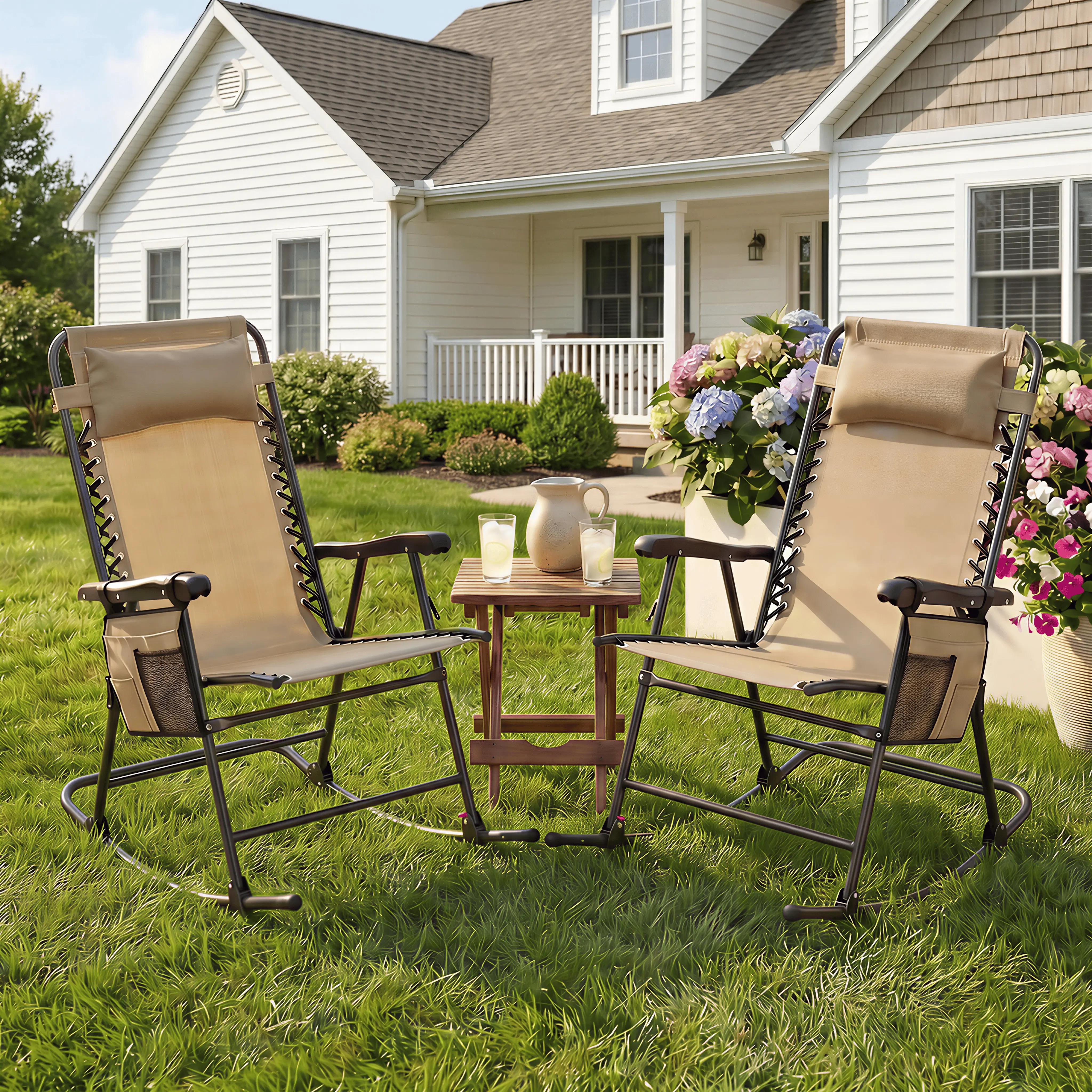 Yaheetech 26in Rocking Chair Outdoor Zero Gravity Folding Chairs Patio Foldable Reclining Lounge Chair with Pillow, Set of 1/2