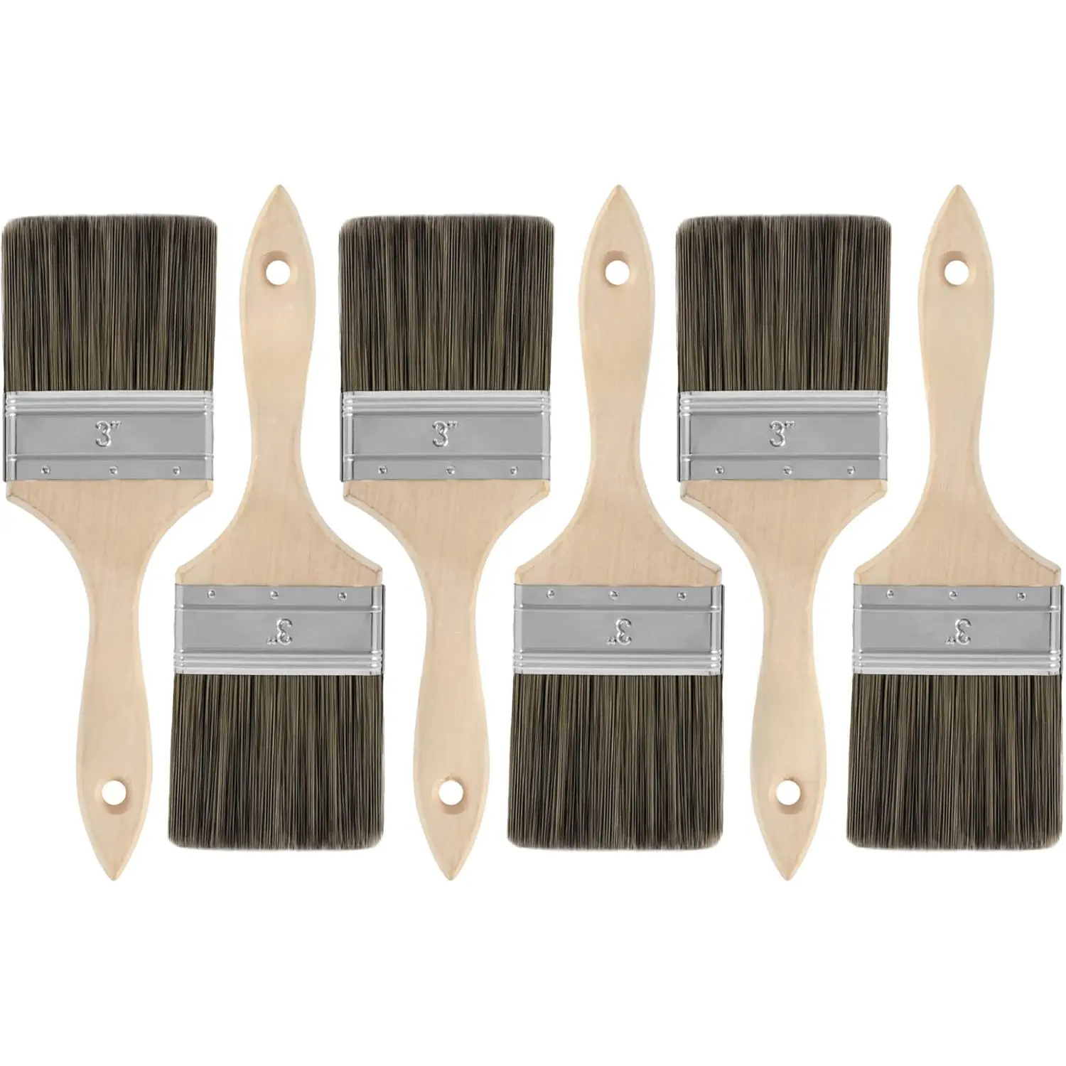 6-Pack 3-in (75mm) Double Thick Chip Brushes with Wood Handles, Durable, Manufacturer Warranted, Ideal for Walls, Doors, Primer, Paints, Stains, Varnish, Paste, Gesso, Limewash, Strong Paint Pick-Up