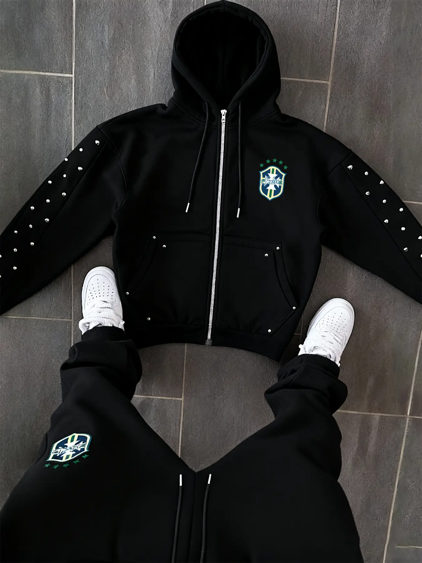 Autumn Winter New Shield Print Zipper Hoodie + Sport Pants Set, Rivet Design, Fashion Drawstring, Unisex, Hooded Sportswear Set, Streetwear Tracksuit Set, Outfit Tracksuit