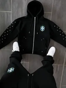 Autumn Winter New Shield Print Zipper Hoodie + Sport Pants Set, Rivet Design, Fashion Drawstring, Unisex, Hooded Sportswear Set, Streetwear Tracksuit Set