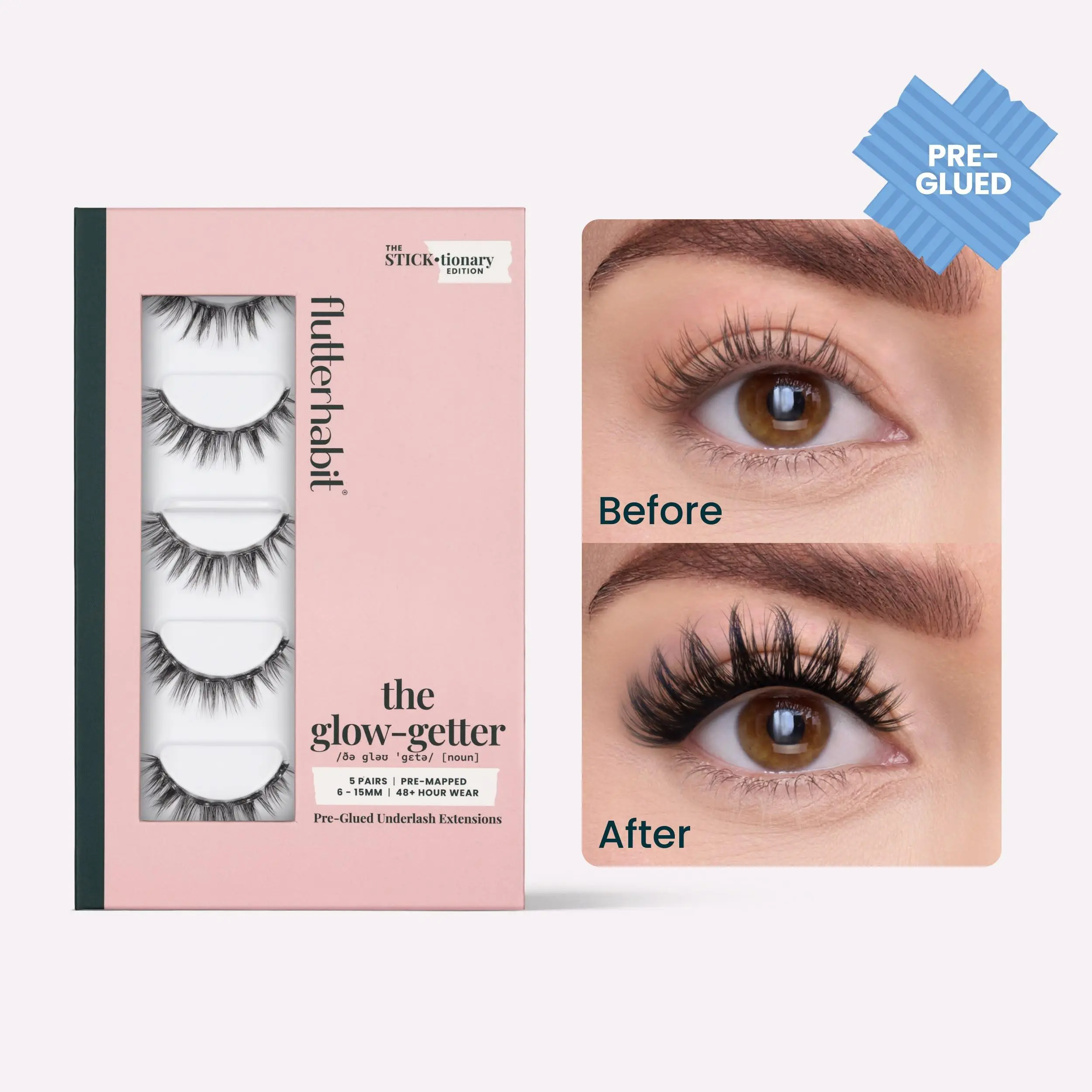 FlutterHabit The Glow-Getter Pre-Glued Press On Eyelash Extensions STICKtionary Edition Classic C Curl 6-15mm For Every Day Wear