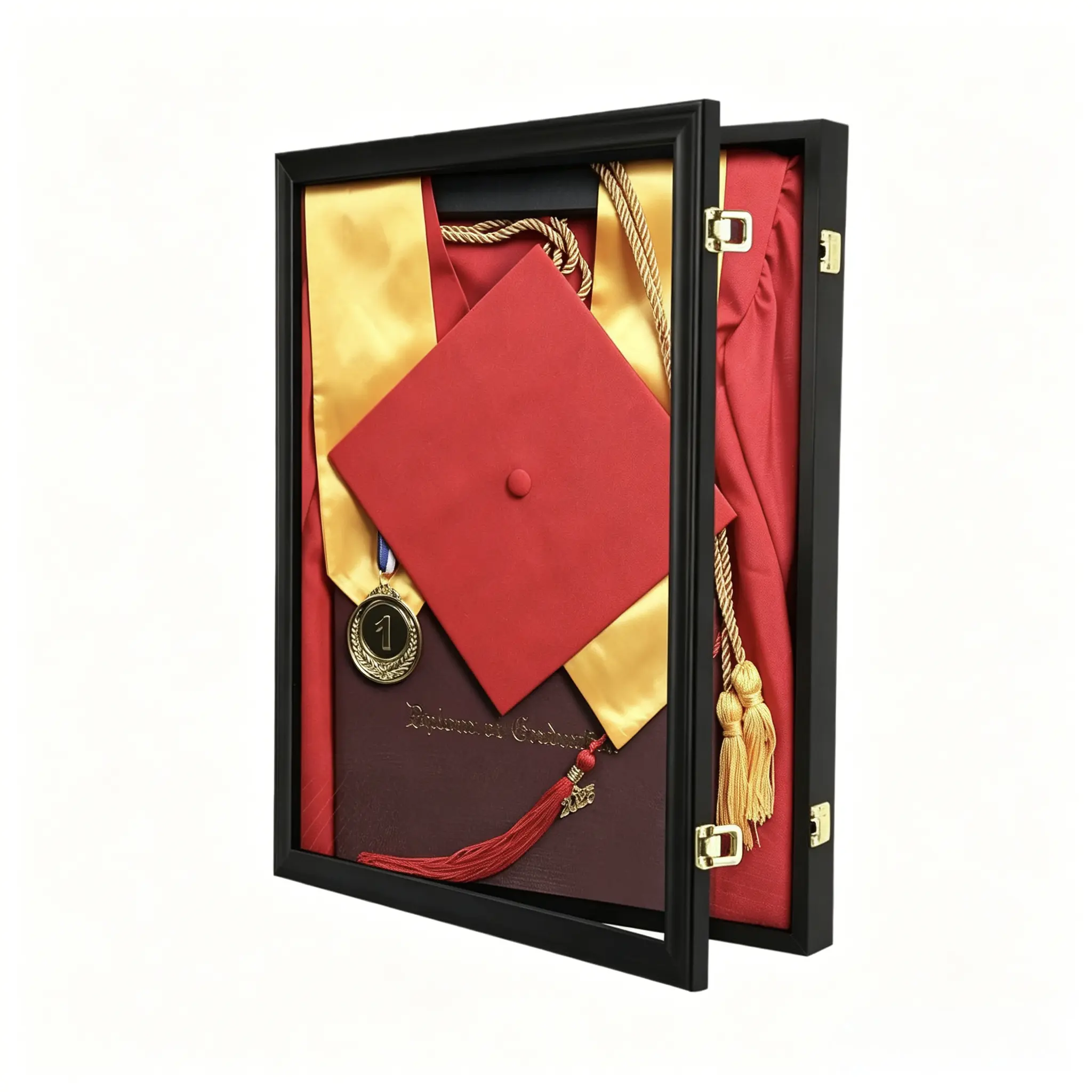 CRDC Durable Quality Front-Opening Large Rectangular Wooden Graduation Shadow Box Frame (23.6x31.5in) - Glass Display Case with Metal Pins, Hanging Hardware, Desk/Wall/Door Mountable for Cap, Gown, Diploma (Black, Custom Personalized Gift Option)