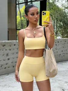 Women's Minimalist Thin Strap Workout Set, Square Neck Sports Bra with High Waist Butt Lift Shorts, Slim Fit, High Elasticity & Breathable, Ideal for Gym Workouts, Running, Cycling and Other Sports Activities.gym outfits , Gymclothes Womenswear Suits